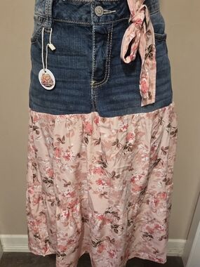 Upcycled Denim Waist Pink Floral Maxi Skirt